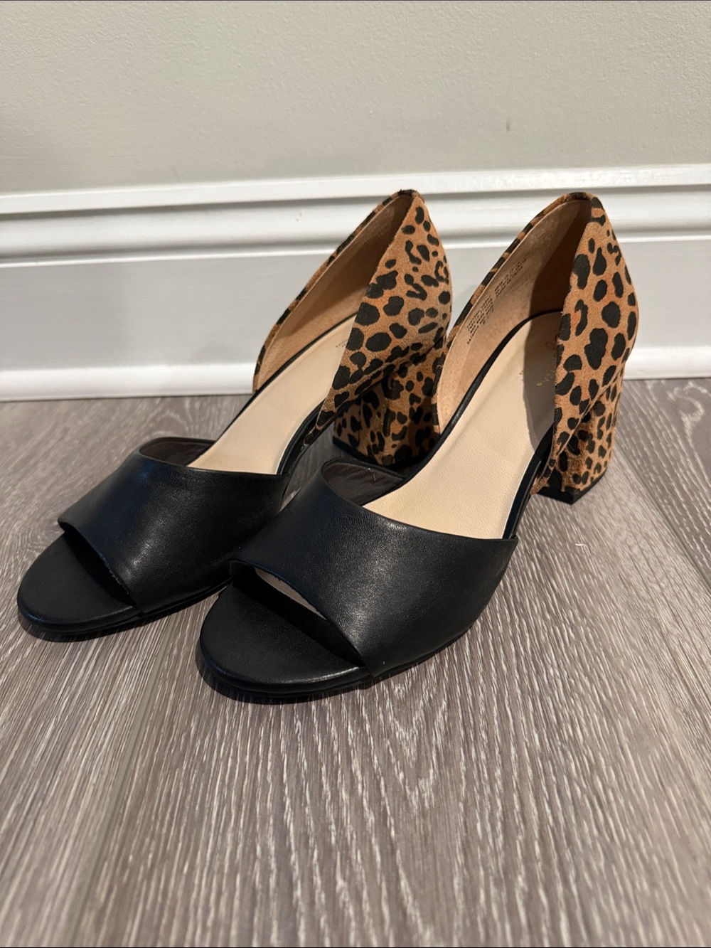 Seychelles Black Leather Open-Toe Heels with Leopard-Print Block Heel